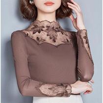 2021 autumn and winter new mesh base shirt womens long sleeve T-shirt plus velvet warm coat small shirt plus size gauze
