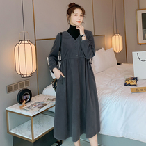Pregnant women autumn and winter clothes thick high neck dress autumn new size loose non-bearing corduroy skirt set