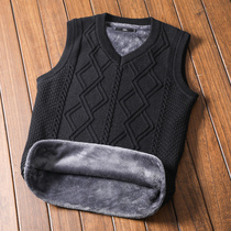 V-neck sweater vest men plus velvet thickened trend sleeveless vest winter warm inside wear fathers knitwear big size
