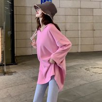 Pregnant woman hit undershirt for long spring and autumn clothing with big code loose v collar blouses cover with cap long sleeve t-shirt woman