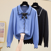 Large size womens clothing fat sister mm age-reducing lapel bow sweater 2021 autumn and winter new thin bottoming sweater