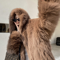Little bear gummy imported fox fur woven fur coat female profile hooded Net Red warm coat womens long model