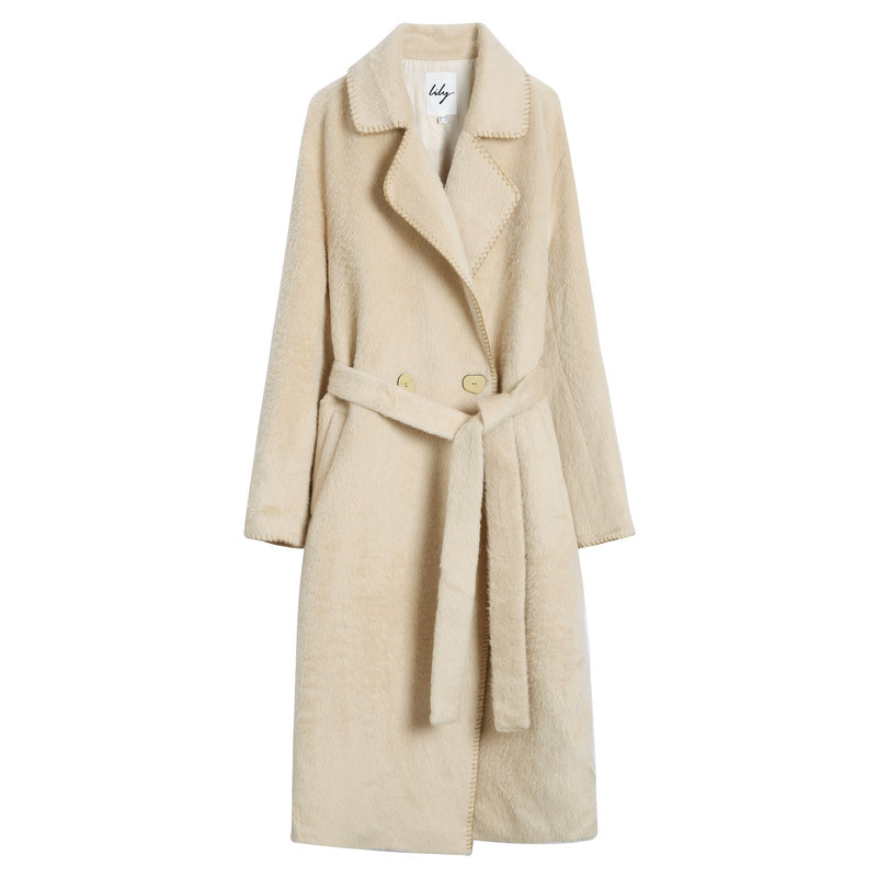 Lilys new winter 2019 womens minimalist alpaca fur long tie with a large flip-necked fur coat 1947