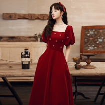Toast to the bride 2022 new spring gown engagement female velvet Spring night host with the same red dress dress