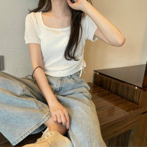 2021 Summer Korean casual Joker Slim Short Knitted Solid Color Pullover Side Drawstring Short Sleeve T-Shirt Tide