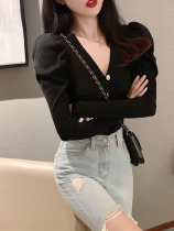 2021 Autumn New Korean sweet hipster skinny sexy bubble sleeve vneck long sleeve cardigan tide