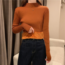 2021 Autumn New Korean version of foreign style Joker slim solid color plus velvet padded high neck long sleeve knitted base shirt