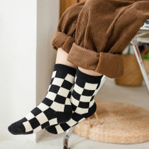 Girls socks winter thickened middle tube pure cotton outside wear childrens long tube autumn and winter black and white checkerboard tide ins boys
