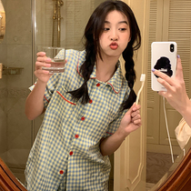 Japanese plaid pajamas womens summer 2021 new short-sleeved thin students cute Net red home clothes two-piece set