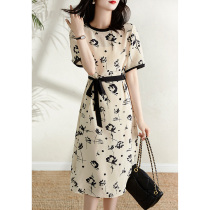  Dress womens silk printing 2021 summer waist short-sleeved thin temperament fashion and elegant mulberry silk midi skirt