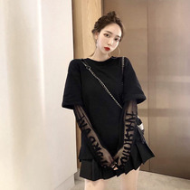 Large size net red t-shirt female ins super fire summer new loose medium and long fake two-piece mesh stitching base shirt tide