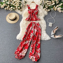 Hong Kong style set womens retro chic holiday style sweet floral suspenders womens high waist bloomers two-piece tide