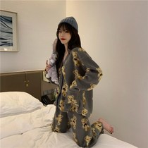 Korean pajamas suit womens autumn and winter cute bear plush cardigan pajamas can be worn loose casual home clothes