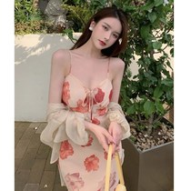 Pure sexy gentle elegant retro slim light cooked hip long skirt seaside resort style chiffon dress