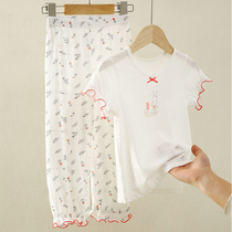 Cute super cute Lace Girls short-sleeved trousers pajamas thin summer childrens air conditioning clothes Baby home clothes set