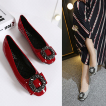 Spring fairy Red single shoes womens tide flat leather square head small leather shoes soft bottom joker rhinestones pregnant womens shoes