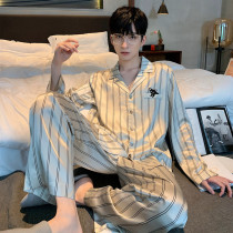 Silk pajamas mens spring and autumn silk ice silk long sleeves thin sense of luxury can be worn outside the autumn mens loungewear set