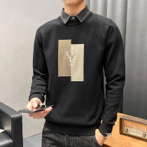 Knit mens 2021 New thick trend shirt shirt collar autumn and winter burst type inside with fake two sweaters