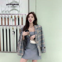 French retro small suit early spring wear pink plaid suit suspender suit suspender dress suit professional little man