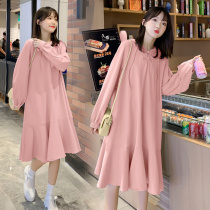 Pregnant women autumn dress 2021 new fashion hooded long sleeve loose size sweater skirt spring autumn maternity dress