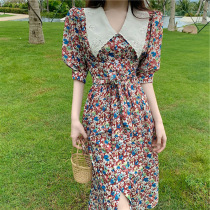 Tea break Hepburn style French retro doll collar floral chiffon Platycodon grandiflorum slim Joker dress sexy temperament summer