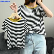 Parent-Child summer thin childrens modal short-sleeved T-shirt color neckline striped round neck shirt