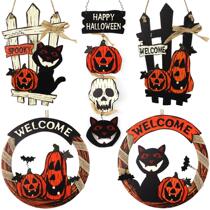 Creative Ghost Festival Welcome Card Wreath Door Hang Halloween Wooden Pumpkin Black Cat Cemetery Castle Ghost Dress Up Supplies