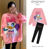 Pregnant Woman Spring Clothing Suit Fashion Spring Autumn Clothing Pure Cotton Loose Tide Moms Dress Foreign Air Cartoon Printed Spring