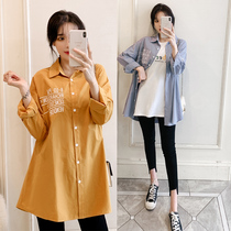 Pregnant womens tide hot mother personality Spring and Autumn Spring long sleeve pregnant womens shirt top long fashion thin coat women