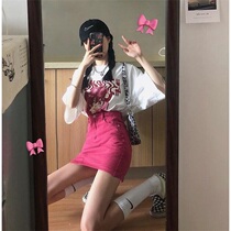  Korean ins net red cartoon printing short-sleeved white T-shirt top two-piece suit mid-length bottoming shirt tide