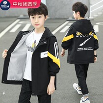 Boys spring and autumn clothes mid-length windbreaker medium-big children plus velvet thickened foreign style jacket childrens fashion card
