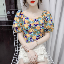 2021 summer new pleated square collar short sexy floral contrast heart machine bow lace-up waist shirt women