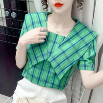 Hong Kong flavor retro plaid shirt 2021 summer New temperament navy collar Joker feminine skinny aged shirt