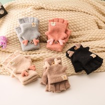 Half-finger gloves Winter female ins plus velvet cute students exposed Korean touch screen flip cover writing warm gloves