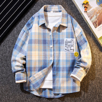 Male Great Boy Shirt Spring Autumn Pure Cotton Boy Garnter 2021 New Tide Long Sleeve Plaid Handsome Gas Boy Lining Coat