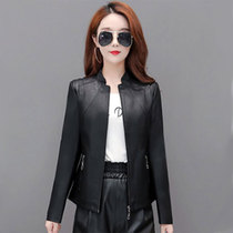  Leather jacket middle-aged womens short leather jacket thin motorcycle jacket 2021 spring and autumn new large size Korean version of Haining leather jacket
