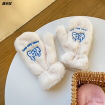 Plush gloves autumn and winter women ins cute girl plus velvet thickened winter warm cartoon riding mittens