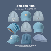 Light blue pile cap female autumn and winter beret Japanese knitted wool cold cap face small cap Tide baseball cap