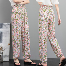 Large code cotton silk sleeping pants female summer artificial cotton slim in outer wearing anti-mosquito pants cotton silk light cage pants holiday beach long pants