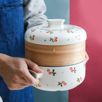 Japanese bamboo steamer Handmade steamer Bamboo and wood household ceramic steamer size steamer grid steamer drawer steamer steamer