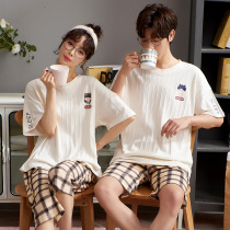 Couple pajamas womens 2021 new summer thin pure cotton short-sleeved mens two-piece suit home clothes can be worn outside