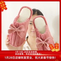 New autumn and winter cotton slippers home indoor shoes thickened floor non-slip bow fur couple cotton slippers