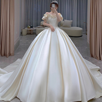 Satin word shoulder main wedding dress 2021 new temperament bride high-end court style luxury big tail 2020