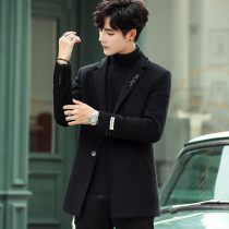 Trench coat men's short Korean fashion padded coat autumn and winter men's long wool woolen coat English style