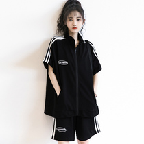 Black sports suit womens summer thin fashion Western style running suit casual loose wide leg shorts two-piece set tide