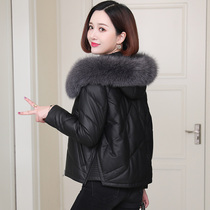 Winter new Haining leather down jacket leather women's short fox fur collar sheepskin small hooded coat