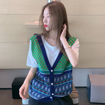 Fake two T-shirt Stitching small fragrant wind jacket short sleeve female design sense niche loose foreign-style ice silk knitted sweater summer