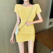 Korean version of sexy careful machine temperament solid color knitted dress womens summer new waist thin bag arm short skirt
