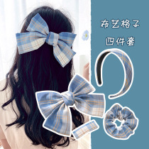 JK girl Big Bow hairclip large intestine Hairband uniform fabric hair hoop hair accessories set plaid top clip hairpin