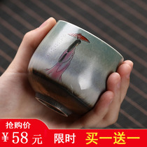 Kiln tea cup tea cup Cup Single Cup Master Cup FY ceramic kung fu tea set wood burning flowers and birds large Tea Cup home